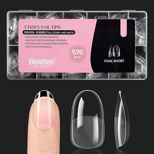 Beetles Gel Nail Tips Short Oval 576Pcs, 12 Sizes Pre-Shaped Half Matte Press On Nails Gelly Tips False Nails for Gel Full Cover False Nails Home DIY Nail Salon Gifts for Girls Women