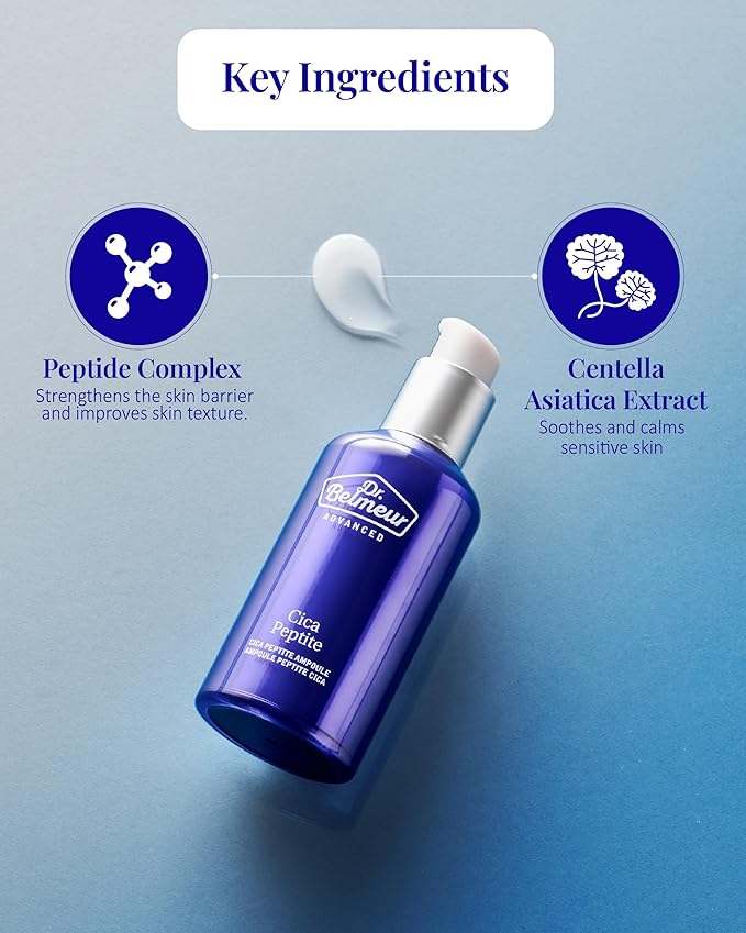 Dr. Belmeur Advanced Cica Ampoule (1.7fl oz) - Soothing, Hydrating Serum for Sensitive Skin. Korean Skin Care. Centella Asiatica, Peptide Complex.