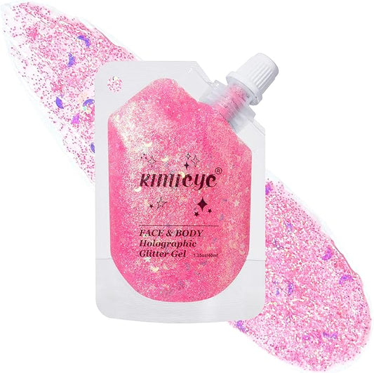 Holographic Face Glitter Gel Body Shimmer Makeup for for Hair, Face, Clavicle, Arm, Nail, Eyeshadow, Long Lasting Waterproof Mermaid Sequins Party Glitter for Rave Festival, 1.35oz (Dazzling Pink #2)