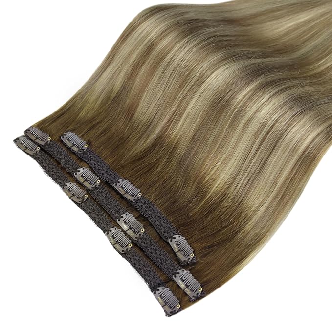 Full Shine Remy Hair Extensions Clip in Short 3 Pcs 60 G Balayage Walnut Brown to Ash Brown Mix Light Blonde Real Hair Clip in Extensions 14 Inch