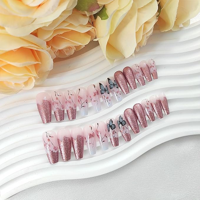Coffin Press on Nails Medium French Tip False Nails with Butterfly Flower Design Glitter Glue on Nails Gradient Fake Nails Light Pink Coffin Nails Press ons Glossy Acrylic Nails for Girls 24Pcs