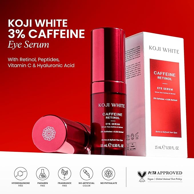 Koji White 3% Caffeine Eye Serum with 0.2% Retinol, Peptides, Hyaluronic Acid & Vitamin C for Puffiness & Dark Circles - Unscented, Vegan, Fragrance-Free 15 ML (0.50 Fl Oz)