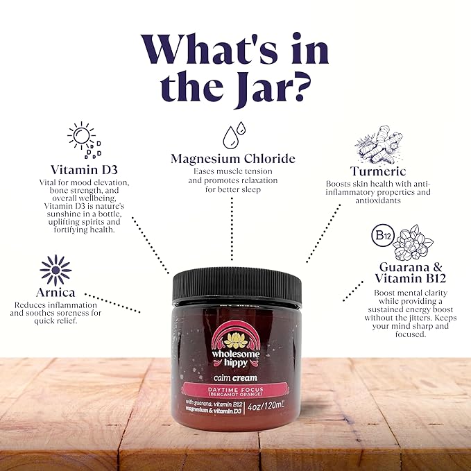 Wholesome Hippy Daytime Focus Calm Cream – All Natural Body Butter with Magnesium, Vitamin B12, Guarana & Bergamot Orange – Moisturizing Wellness Cream for Daily Clarity – 4oz