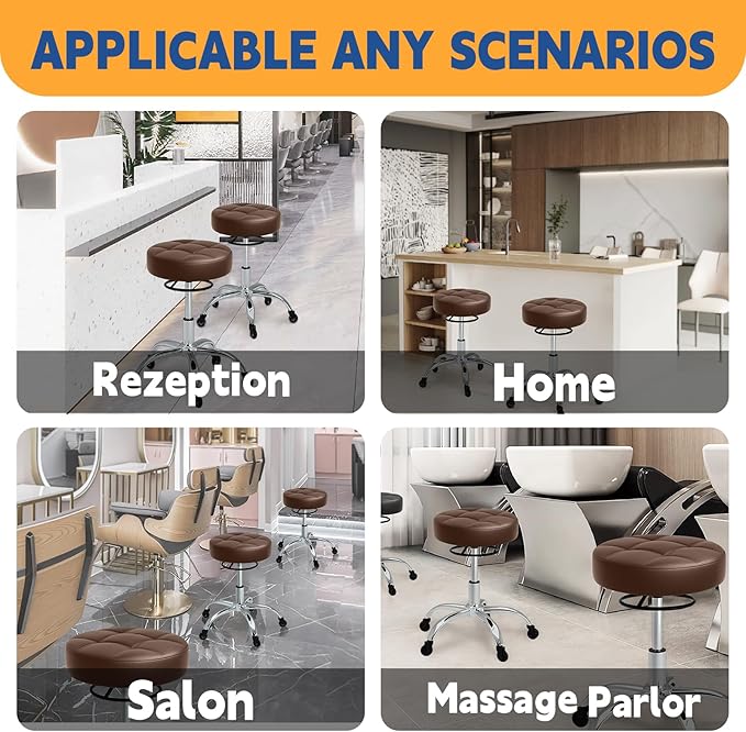 YEEZEE Rolling Stool Heavy Duty 400lb: Super Soft Leather Seat Cushion, 360 Swivel, Height Adjustable 19.7"-25.3", No Squeaky Noises, No Tip Over, Salon & Spa Stool, Brown