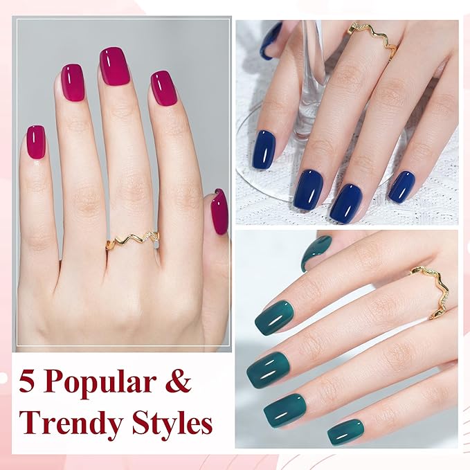 Press on Nails Short 5 Colors, Jofay Fashion 160Pcs Winter Fake Nails, Valentines Press on Nails Square, Natural Reusable Glue On Nails for women Gift, Soft Gel Nail Kit in 16 Sizes