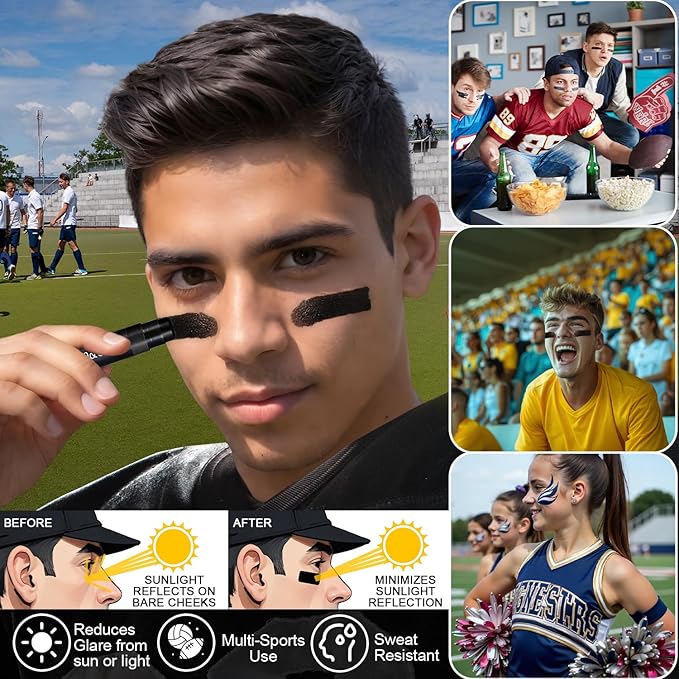 Jim&Gloria Water Resistant Under Eye Black Baseball Drip Accessories for Athletes, Anti-Glare Eyeblack Softball Stuff Lacrosse Football Gear Soccer Game Day Team Sports Gift - 8 Black Face Paint Stick