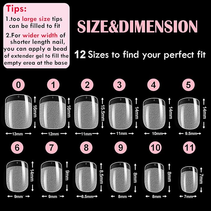 600 Pcs Extra Short XXS Square Nail Tips,SINOKAME Clear Press on Nails for Kids Women Small Short Petite Nail Beds, 12 Sizes DIY Salon Home Manicure Nail Extension