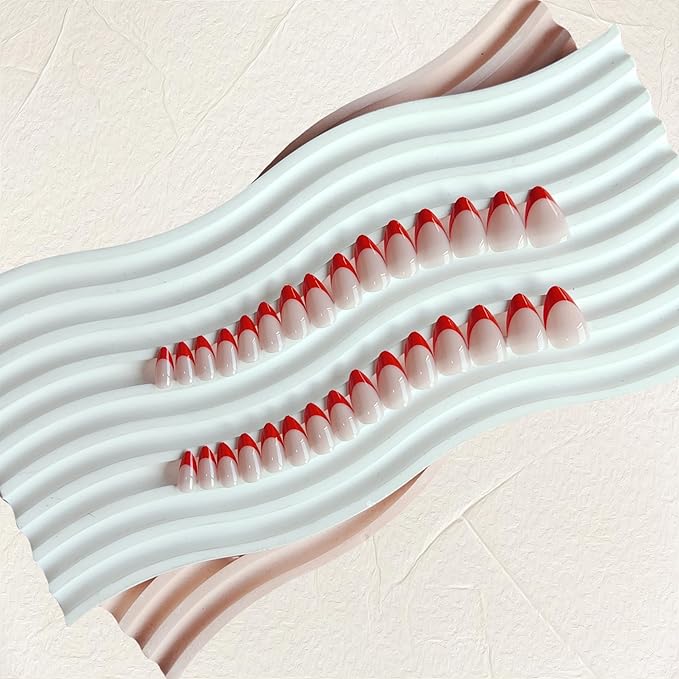 30Pcs Red French Tip Press on Nails Short Almond Nails Press ons, Short Fake Nails Almond Shaped Acrylic French Glue on Nails False Nail for Women, Natural Stiletto Nail 15 Sizes