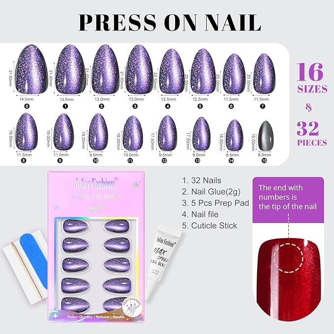 Cat Eye Press on Nails Short, Jofay Fashion Stylish Purple Press on Nails Almond, Soft Gel Fake Nails, Reusable & Natural Acrylic False Nails, Glue on Nails Kit for Women Gift 32 Pcs
