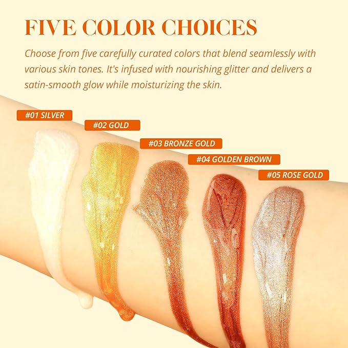 Liyalan Shimmer Body Oil 5 Color Options 1.0 fl.oz Face Glow Pearl Highlighter Illuminator Long-Lasting Shine Glitter Liquid Tanning with Makeup Brush Included (#05 Rose Gold)