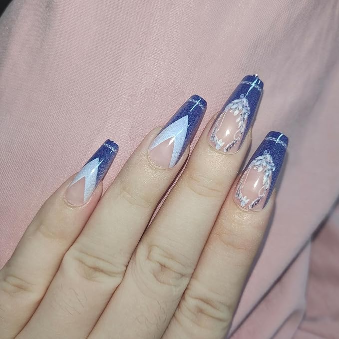 Dark Purple French Tip Press on Nails Medium Coffin Glue on Nails Glossy Acrylic Fake Nails with Floral Designs Matte Nails Press ons Artificial Nails for Women 24Pcs Manicure Art