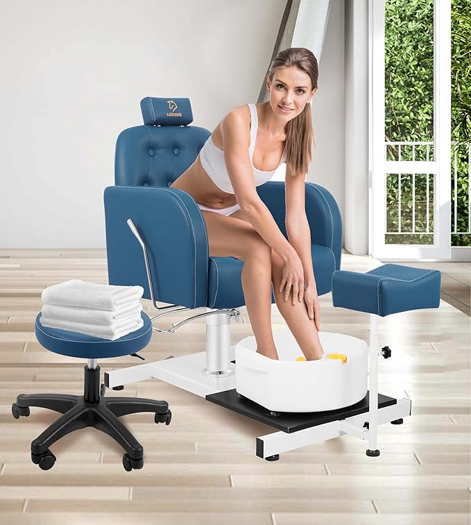 Pedicure Chair with Massage Foot Bath Pedicure Unit Station, Hydraulic Pedicure Chair 360 ° Rotation Height Adjustable Blue