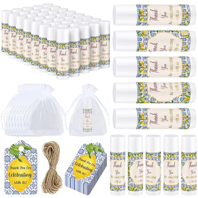 Demissle 50 Pcs Baby Shower Lip Balm Gift Set with 100 Pcs Organza Bags Baby Shower Party Favor for Guest Thank You Tag Rope Baby Shower Party Decoration Gender Reveal Souvenirs (Lemon)