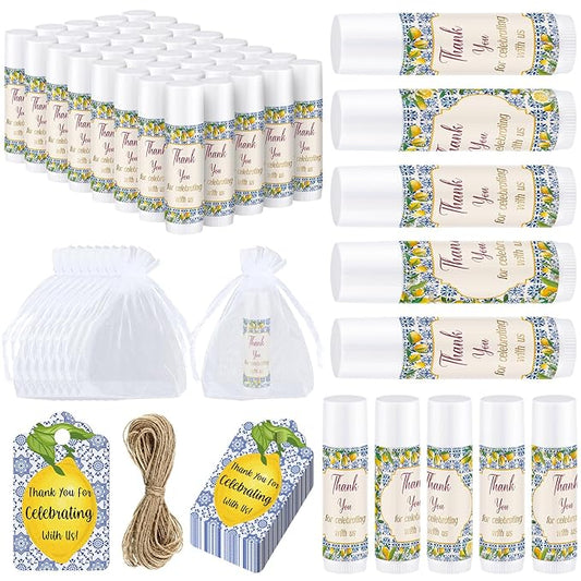 Demissle 50 Pcs Baby Shower Lip Balm Gift Set with 100 Pcs Organza Bags Baby Shower Party Favor for Guest Thank You Tag Rope Baby Shower Party Decoration Gender Reveal Souvenirs (Lemon)