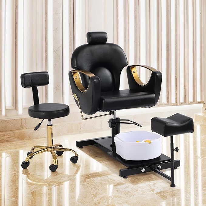 Pedicure Station No Plumbing, Hydraulic Pedicure Chair for Nail Tech, Height Adjustable Reclining Pedicure Station Unit, 360 Degree Swivel Foot Spa Chair with Massage Foot Bath (Black)
