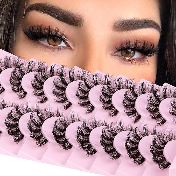 ALPHONSE Russian Lashes Clear Band False Eyelashes Natural Look D-Curly Fake Lashes Russian Strip Faux Mink Eyelashes 9 Pairs Pack