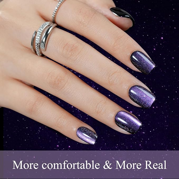 Cat Eye Press on Nails Short 5 Styles, Jofay Fashion 160Pcs Salon-Like Fake Nails with Glitter Chasing Light Cat Eye Designs, Christmas Artificial Acrylic Nails Glue on Nails Stick on Nails for Women