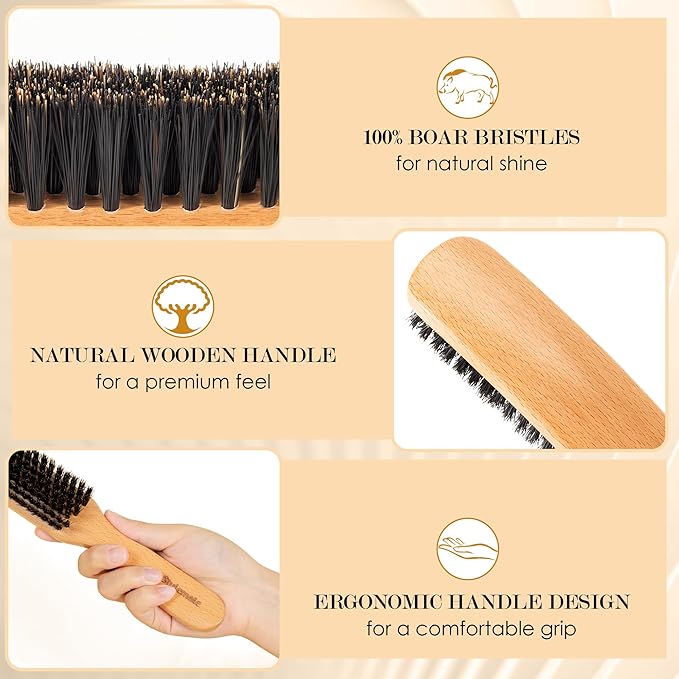 Slick Back Hair Brush for Women Men Kid, Natural Soft Boar Bristle Hair Brush for Thin & Fine Hair, Smoothing Hairbrush for Polishing, Deepening & Styling