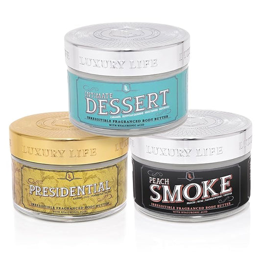 LUXURY LIFE BUTTER - Irresistibly Scented Body Butter with Hyaluronic Acid for Ultimate Moisture. Hydrates for a Non-Greasy Glamorous Glow (Dessert, Presidential and Peach Smoke)