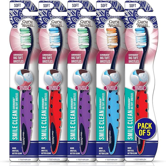GuruNanda Smile Clean Toothbrush - Big Soft Bristles - Helps Clean Plaque, Whitens Teeth, and Aids in Fresh Breath – BPA-Free Brush for Adults & Kids - 1 Count (Pack of 5)