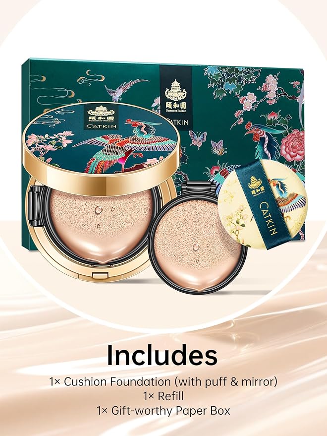 Catkin Phoenix Cushion Foundation Buildable Coverage Anti-Aging Serum Makeup, Sheer Satin Finish, Refill Included, Light Beige 0.46 Oz x 2, C03 VANILLA