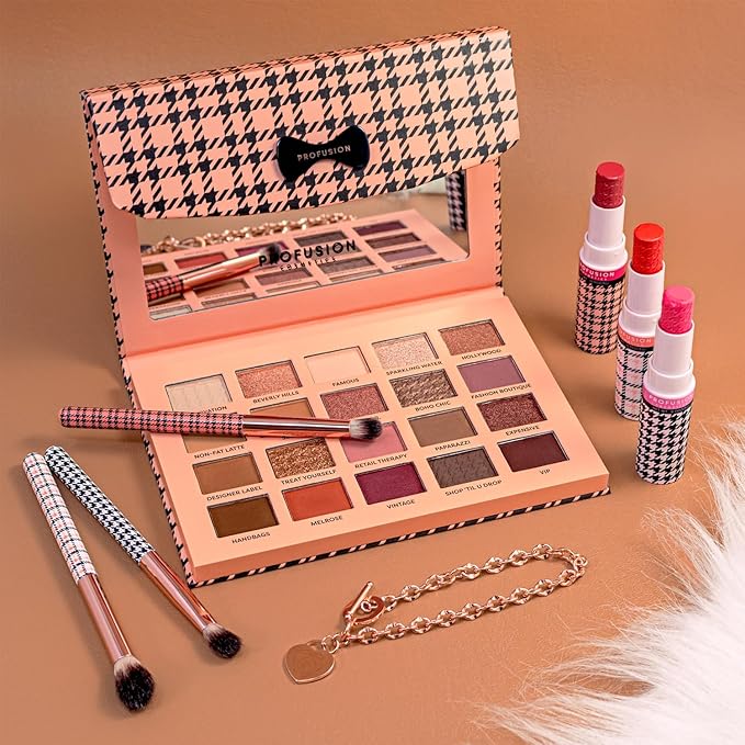Profusion Cosmetics Beverly Hills PR Box, Includes Beauty Clutch 20 Shade Palette with Mirror, 3 Pc Eyeshadow Brush Set, and Lip Balm Trio to Enhance Your Beauty Routine