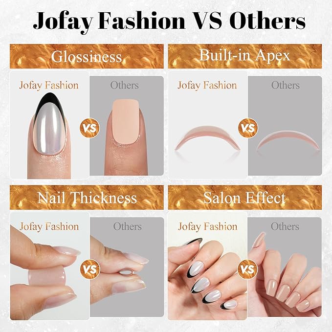 Black French Tip Press on Nails, Jofay Fashion Almond Soft Gel Fake Nails, Classic French Nails, Reusable & Natural Acrylic False Nails, Stick on Nails for Women Girls Gift, Glue on Nails Kit 32Pcs