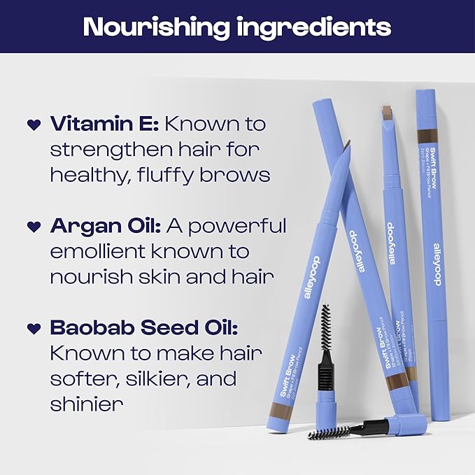 ALLEYOOP Swift Eyebrow All-In-1 Brow Definer with Built-In Sharpener & Spoolie Brush, Water & Smudge Resistant and Eyebrow Pencil for Women, Natural Matte Finish, Vegan, Cruelty-Free (Medium Brown)