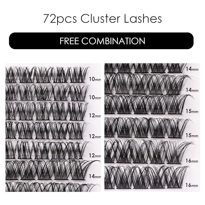 Cluster Lashes 72 Individual Lashes Clusters Eyelash Extensions False Eyelashes DIY Lash Extension Kit Reusable False Eyelashes Natural Look Mix 10-16mm C D Curl-DM01