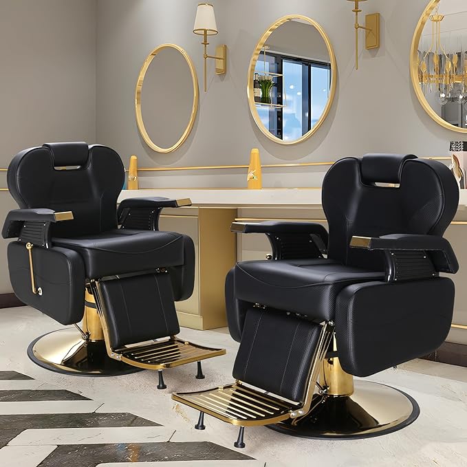 FHFO Barber Chairs for Barbershop, Heavy Duty Hydraulic Barber Chair 360° Swivel Reclining, Adjustable PU Leather Beauty Salon Chair for Barbershop Spa Black/Gold