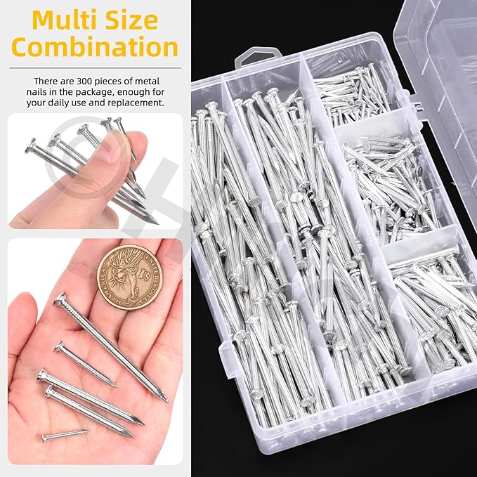 Hilitchi 301PCS 5 Sizes Brick Steel Nails Assortment Kit 0.78" 1.2" 1.58" 2" 2.36" Galvanized Concrete Wall Nail Cement Nails for Concrete Brick Drywall(White)