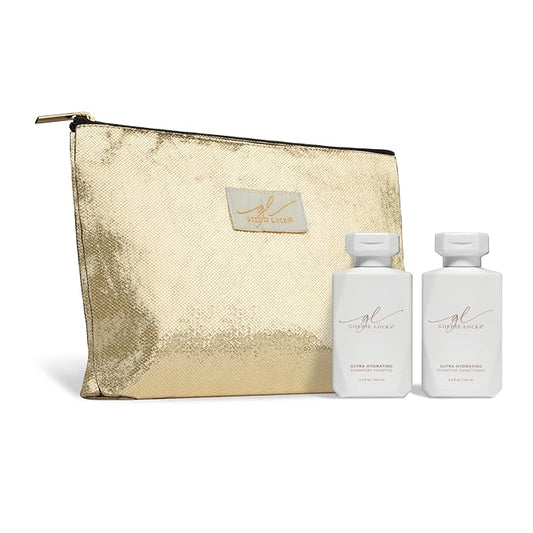 Goldie Locks Shampoo and Conditioner Travel Set - TSA-Approved Hydrating Hair Care Duo with Biotin, Marula Oil & Rose Water – Protein, Sulfate & Paraben-Free in Limited Edition Gold Bag - 3.4 oz each