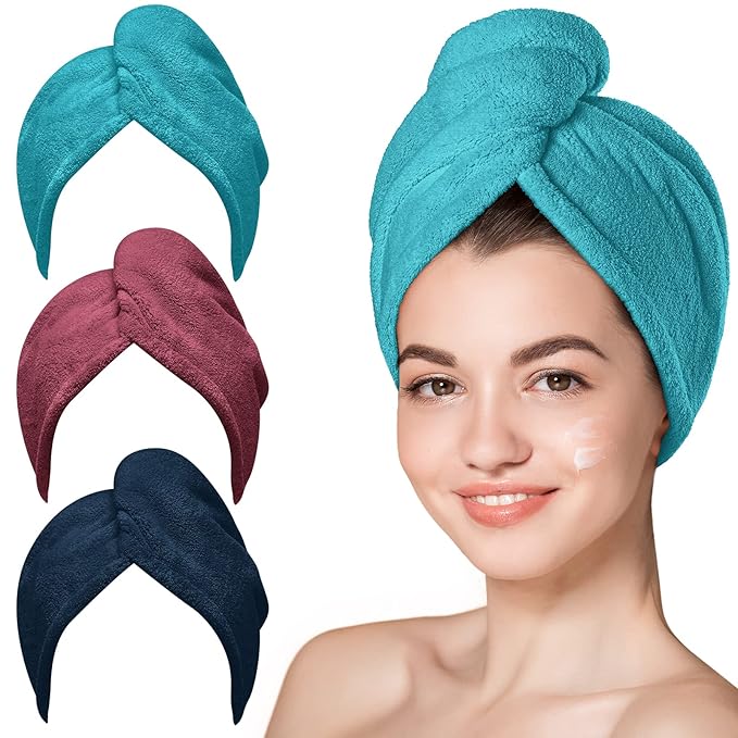 Hicober Microfiber Hair Towel, Hair Towel Wrap Turbans for Women,Hair Drying Towel Wrap Hair Accessories for Women Girls-Plum,Navy,Aqua Green,3Packs