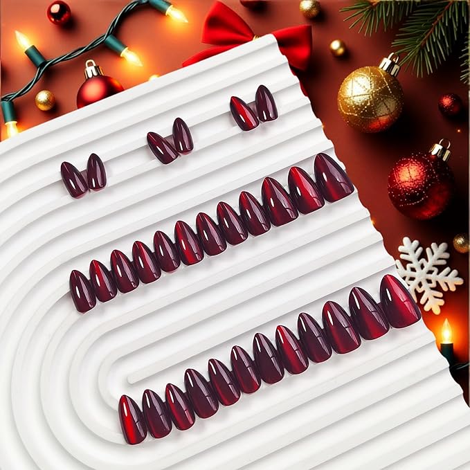 KQueenest Press On Nails Short - Wine Red to Black Press On Nails Almond Shape, Glitter Cat Eye Fake Nails with Nail Glue, Reusable Cute Dark Gel Glue On Nails with Color-Shifting Glow, 30 Pcs