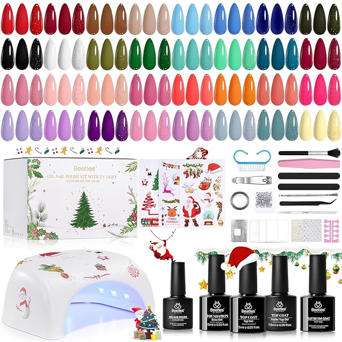 Beetles 54 Pcs Christmas Gel Nail Polish Kit with U V Light - 32 Color Gel Nail Kit Gifts for Teens Girls Women Four Seasons Glow Soak Off Red White Winter Nails Art Home Salon Home DIY Manicure Set