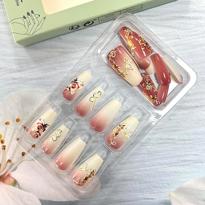 24Pcs Rose Flower Press on Nails Medium Ballet Shaped Gold Lines Design Gradient Acrylic Fake Nail Full Cover Glossy Blossom Stick on Nail Floral Artificial Fingernails DIY Glue on Nails for Women