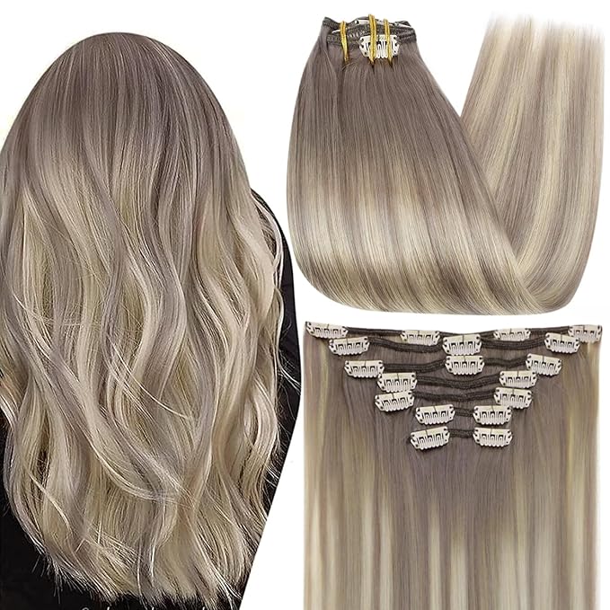 Full Shine Clip on Hair Extensions Human Hair 16 Inch Balayage Grey to Platinum Blonde Clip in Extensions for Women Grey Blonde Hair Extensions 7 Pcs 120 G