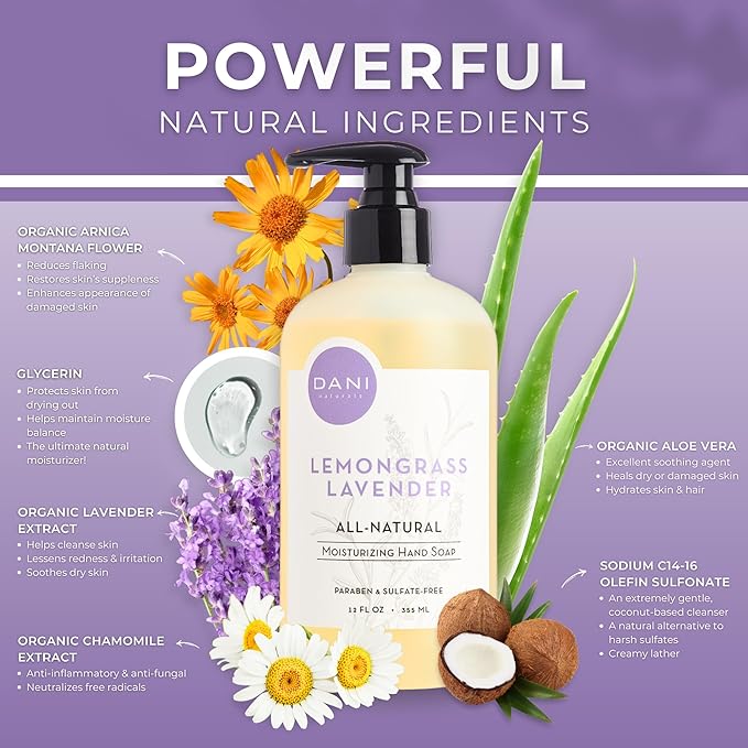 DANI Naturals Moisturizing Hand Soap – Calming Lemongrass Lavender Scent, Hydrating, Sulfate-Free & Paraben-Free, 12 Oz Bottle with Pump, Gentle Cleansing for Dry Skin