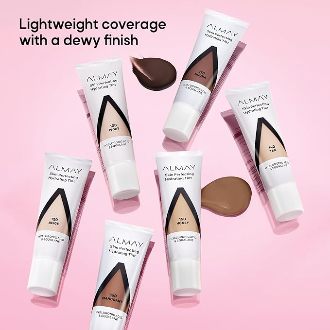 Almay Hydrating Liquid Foundation Tint, Lightweight with Light Coverage, Naturally Dewy Finish, Hypoallergenic, Dermatologist TestedFragrance Free, 120 Beige, 0.94 fl oz.