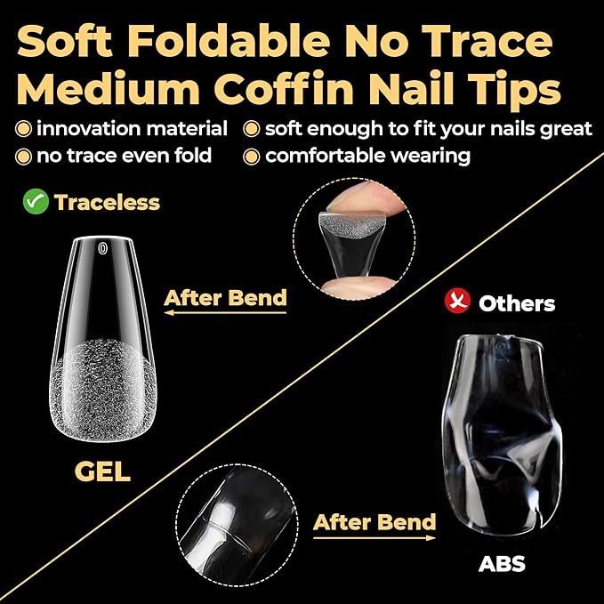 UNA GELLA Medium Coffin Nails Tips 600Pcs, Gel Nail Tips Coffin Pre Etched Press On Nails Fake Soft Gel Nail Tips For Nail Extension Ombre Stlye Art Home DIY Salon 12 Sizes