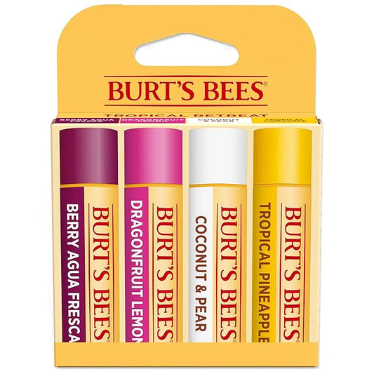 Burt's Bees Lip Balm - Berry Agua Fresca, Dragonfruit Lemon, Coconut & Pear, Tropical Pineapple Pack, With Beeswax, Tint-Free, Natural Origin Lip Treatment, 4 Tubes, 0.15 oz.