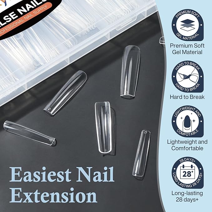 Extra Long Square Nail Tips, XXL 120Pcs 12 Sizes No C Curve Clear Acrylic Nails Straight Tapered Square Press on False Nail Tips for Nail Extension Nail Art Salon Home DIY
