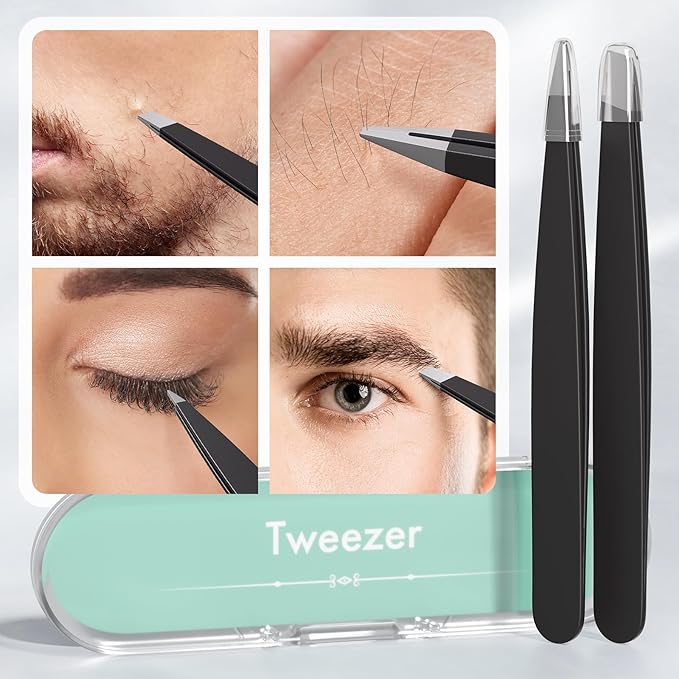Tweezers for Women Facial Hair, Slant & Point Tip 2 Pack Eyebrow Tweezers for Men, Professional Tweezer Set Stainless Steel Precision Tweezers for Eyebrows, Splinter, Ingrown Hair Removal