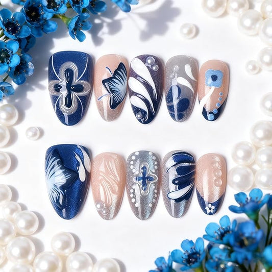 Long Almond Shape Press on Nails Blue Floral Fake Nails Stick on Nail for Women 24pcs
