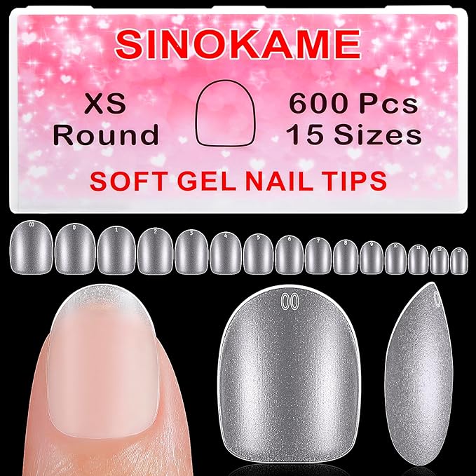 Extra Short Round Nail Tips,SINOKAME Gel Nail Tips with Tip Primer Cover,Clear Gel Press On Nails Full Matte Paintable,15 Sizes 600Pcs Short Fake Nails Glue on Nails for DIY Salon