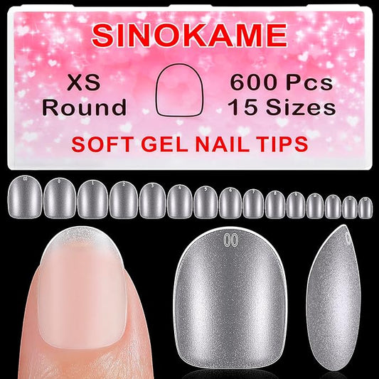 Extra Short Round Nail Tips,SINOKAME Gel Nail Tips with Tip Primer Cover,Clear Gel Press On Nails Full Matte Paintable,15 Sizes 600Pcs Short Fake Nails Glue on Nails for DIY Salon