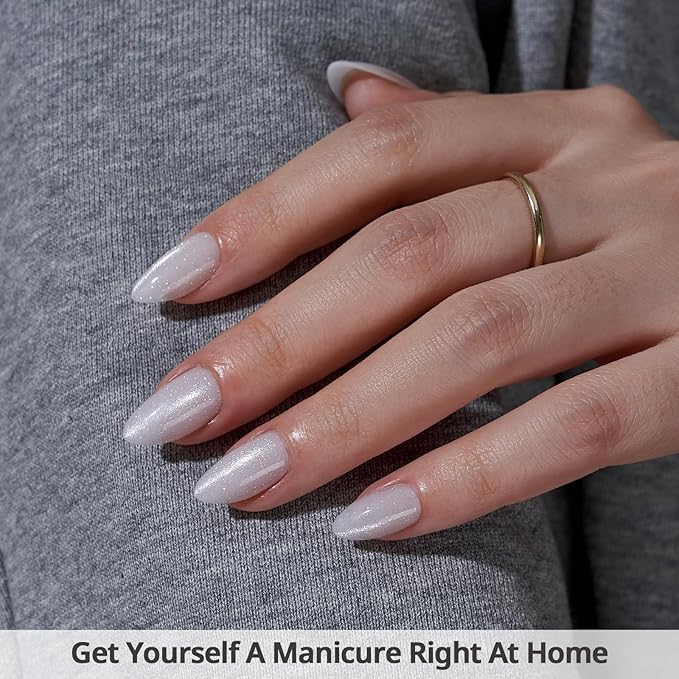 BTArtbox Press On Nails Short - Lamp-Curable White Cat Eye Almond Press On Nails with Glue for Women, Semi-Transparent Soft Gel Glue On Nails in 16 Sizes - 32 Stick On Nails Kit, Whitecaps