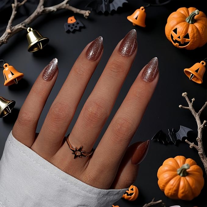 KQueenest Cat Eye Press On Nails Short, Fall Press On Nails Almond, Sparkle Light Brown Fake Nails With Glue, Recycled Soft Gel Glue On Nails for Woman, Long-Lasting Glitter Effect, 30 Pcs