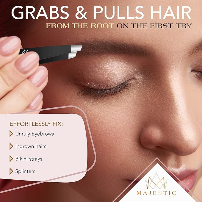 Majestic Bombay Fine Point + Slant Tweezers for Women and Men – Splinter Ticks, Facial, Brow and Ingrown Hair Removal–Sharp, Needle Nose, Surgical Tweezers Precision best tweezers for chin hair