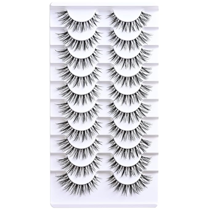 FARRED Cat Eye Lashes Natural False Eyelashes Wispy Mink Eye Lash Fluffy Wispies Eyelash Natural Look 10 Pairs Clear Band Fake Lashes Pack Volume Lash Strips Pestañas (Z10|8-14MM)